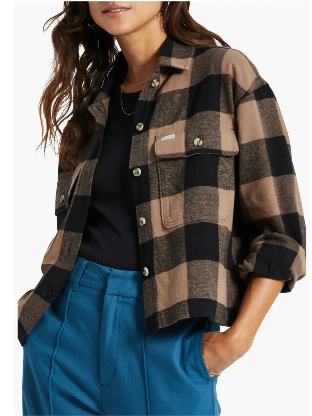 Brixton Bowery Plaid 100% Cotton Flannel Button-Front Shacket Jacket Black & Tan